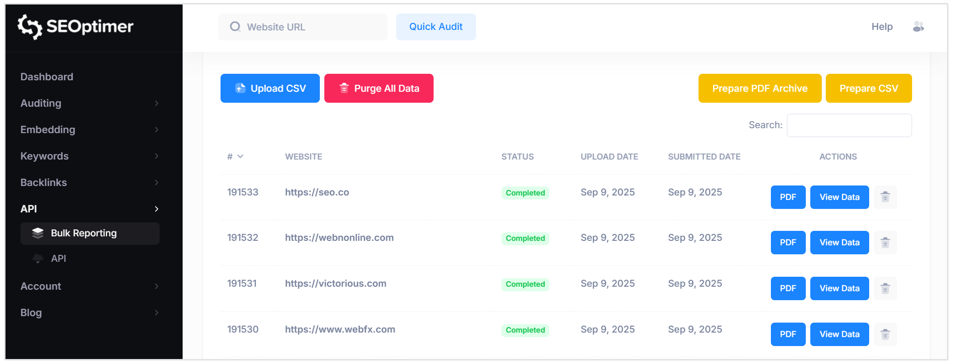 SEOptimer bulk reporting